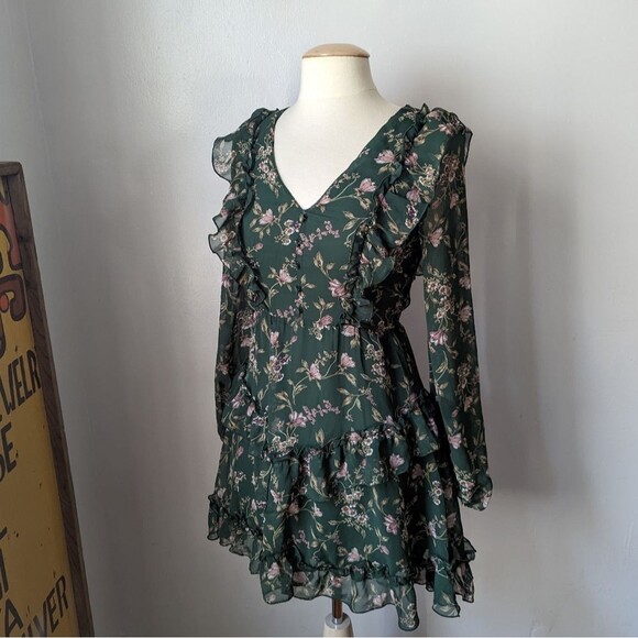 Long Sleeve Green Floral Ruffle Mini Dress Size 8 - Picture 1 of 6